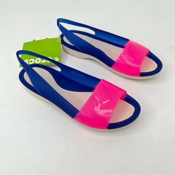 Crocs Cerulean colorblock pink blue slingback peep toe sandals shoes size 5 NEW - Picture 6 of 6
